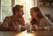 Couple souriant dans la cuisine au matin avec tasses de café