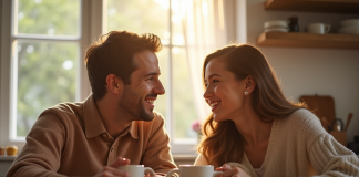 Couple souriant dans la cuisine au matin avec tasses de café