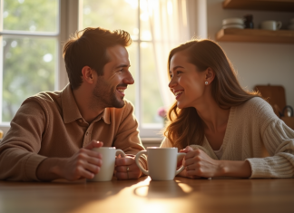 Couple souriant dans la cuisine au matin avec tasses de café