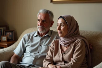 Couple nord-africain assis sur un canapé dans un salon chaleureux