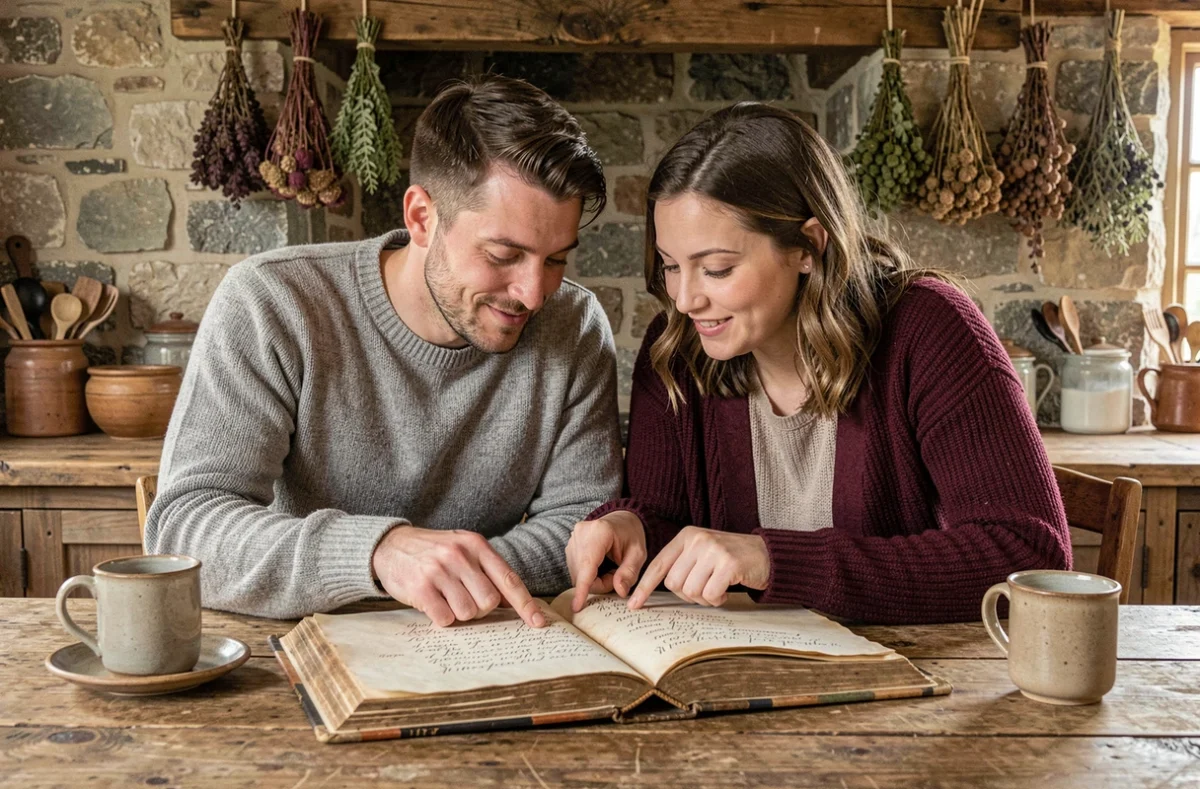 Couple de futurs parents feuilletant un vieux registre de prénoms anciens ensemble à une table de cuisine rustique