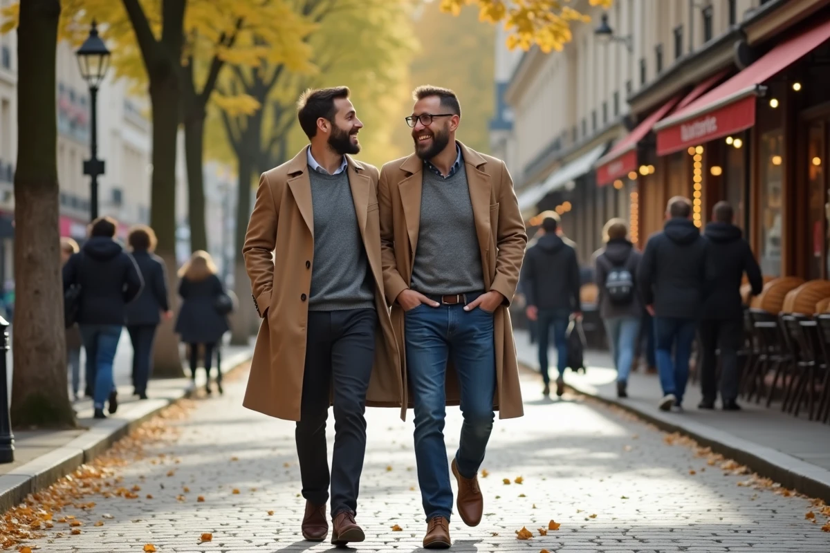 Deux hommes marchant ensemble dans une rue parisienne en automne, illustration de la vie de couple d'un personnage public