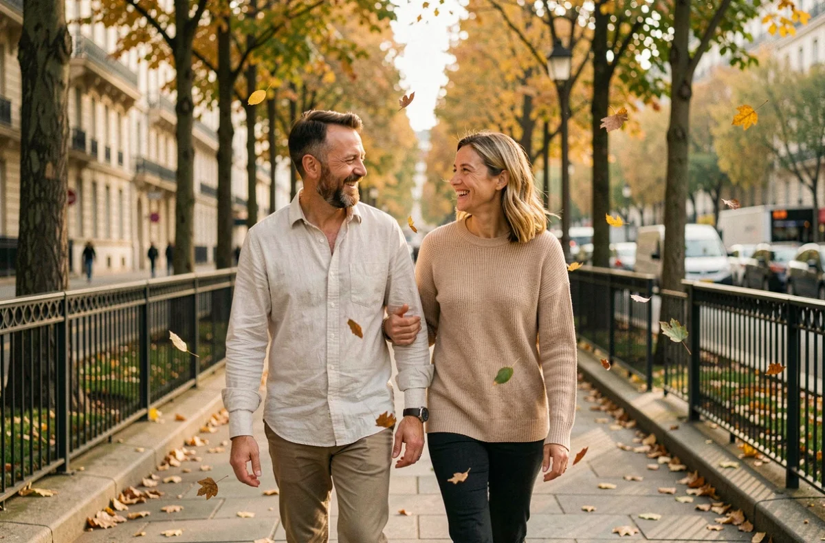 Couple se promenant sur un boulevard parisien en automne, représentant la complicité et la discrétion de la vie privée d'une célébrité médiatique