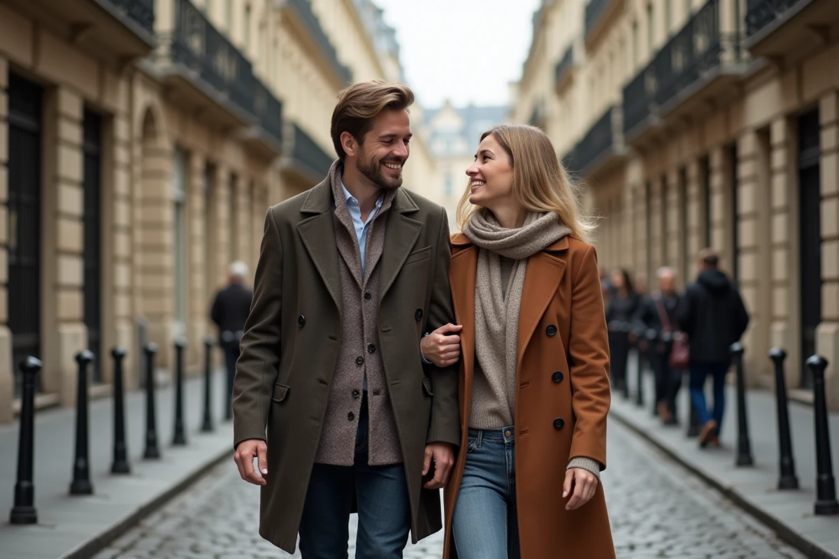 Couple élégant se promenant dans les rues parisiennes, illustration d'une nouvelle relation amoureuse et d'une vie sentimentale épanouie