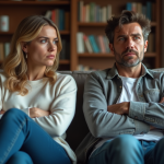 Gérer un frère ou une sœur adulte irrespectueux : conseils pratiques et solutions efficaces Couple adulte assis tendu dans un salon moderne