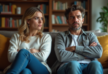 Gérer un frère ou une sœur adulte irrespectueux : conseils pratiques et solutions efficaces Couple adulte assis tendu dans un salon moderne