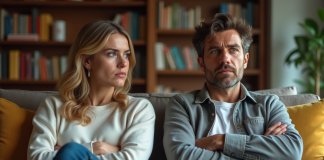 Couple adulte assis tendu dans un salon moderne