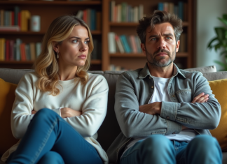 Gérer un frère ou une sœur adulte irrespectueux : conseils pratiques et solutions efficaces Couple adulte assis tendu dans un salon moderne