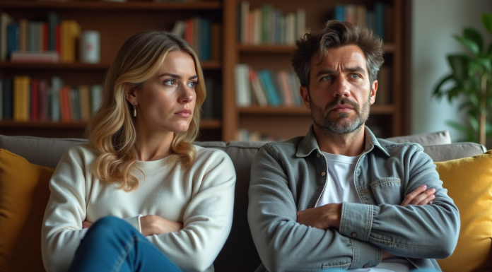 Gérer un frère ou une sœur adulte irrespectueux : conseils pratiques et solutions efficaces Couple adulte assis tendu dans un salon moderne