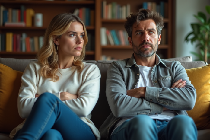 Couple adulte assis tendu dans un salon moderne