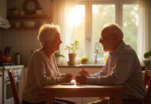 Couple senior assis à la table de cuisine en lumière naturelle
