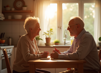 Couple senior assis à la table de cuisine en lumière naturelle