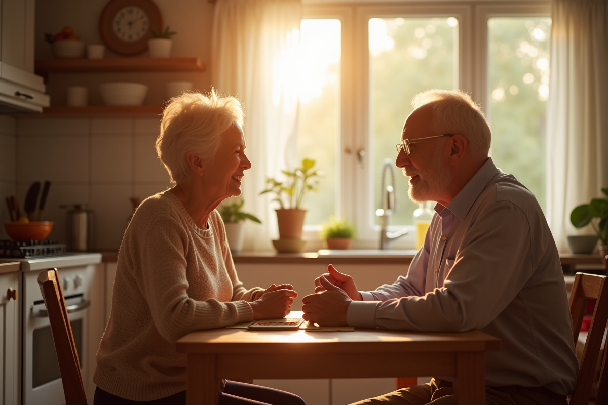Couple senior assis à la table de cuisine en lumière naturelle