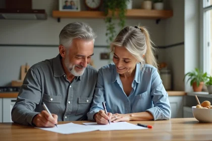 Couple d'adultes signant un document dans une cuisine moderne