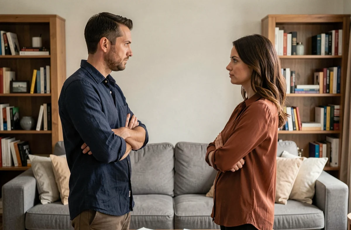 Couple en tension dans un salon, distance physique et émotionnelle symbolisant la crise de confiance après une trahison amoureuse