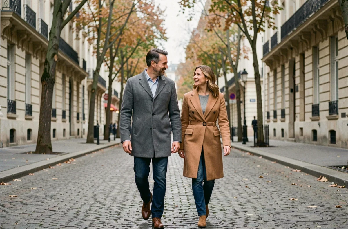 Couple élégant marchant dans une rue parisienne en automne, illustrant la vie de couple et la vie familiale d'un personnage médiatique français