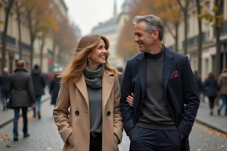 Couple élégant marchant discrètement dans une rue parisienne pavée en automne, illustrant la protection de la vie privée