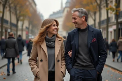 Couple élégant marchant discrètement dans une rue parisienne pavée en automne, illustrant la protection de la vie privée
