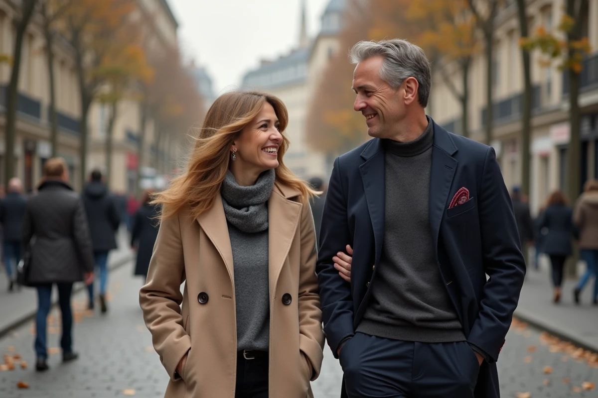 Couple élégant marchant discrètement dans une rue parisienne pavée en automne, illustrant la protection de la vie privée