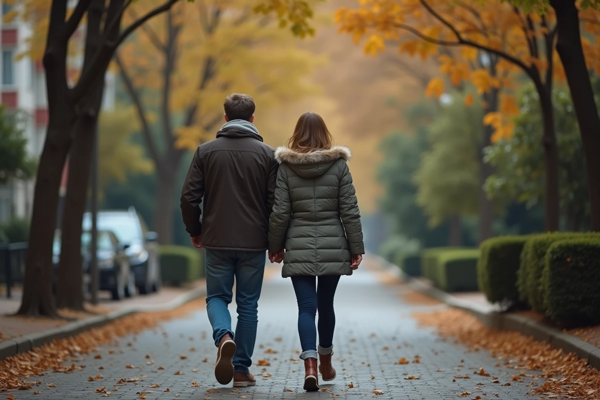 Couple marchant dans une rue résidentielle calme symbolisant le respect de la vie privée d'un couple