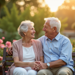Couple âgé souriant main dans la main dans un jardin en fleurs