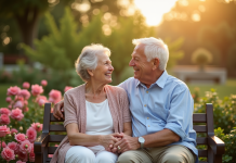 Couple âgé souriant main dans la main dans un jardin en fleurs