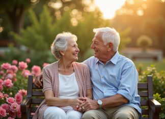 Couple âgé souriant main dans la main dans un jardin en fleurs