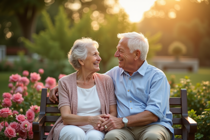 Couple âgé souriant main dans la main dans un jardin en fleurs