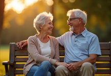 Vieux couple assis sur un banc ensoleille en plein air