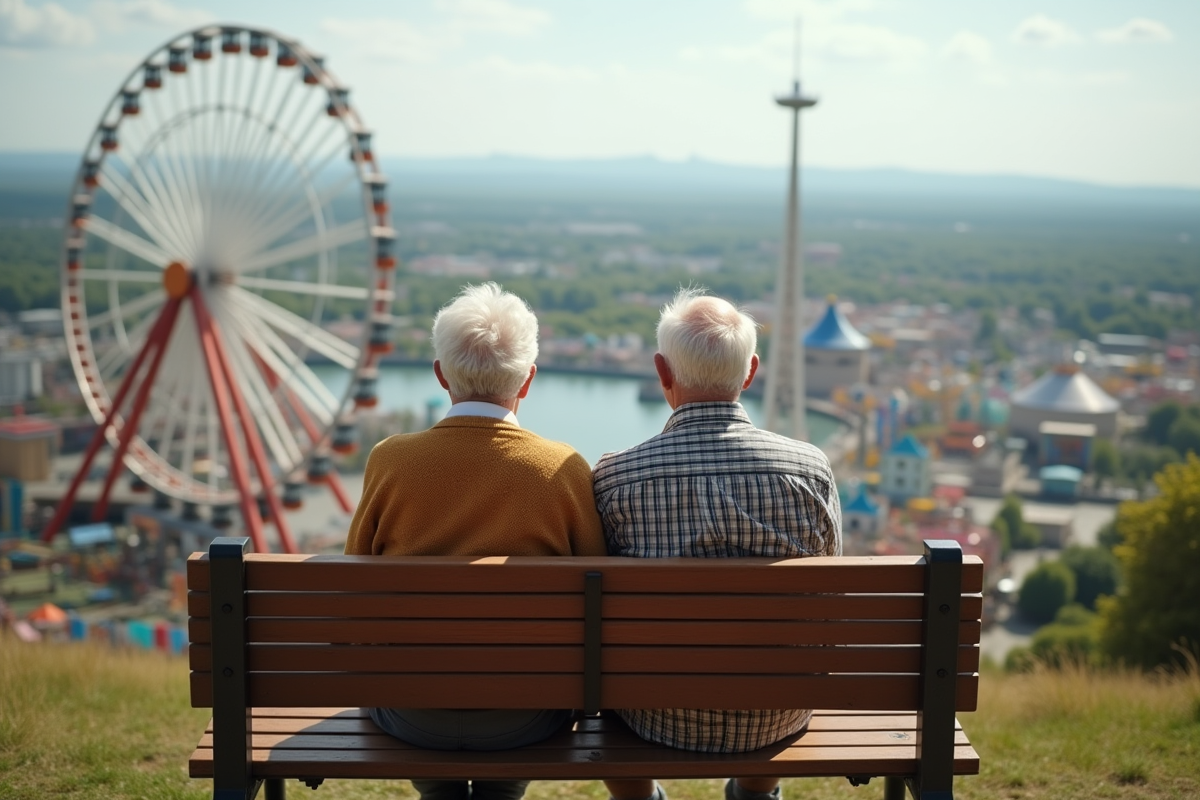 Couple assis sur un banc avec vue panoramique sur le parc d