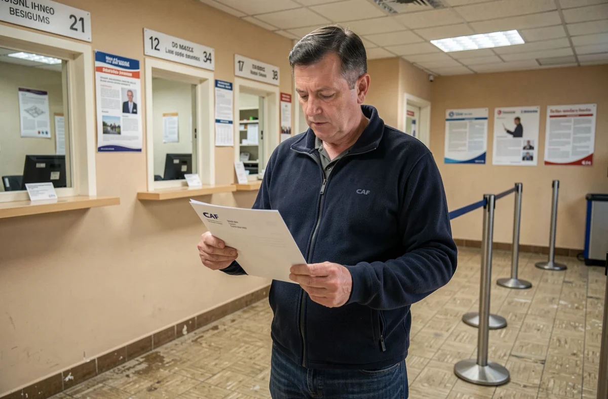 Homme lisant un courrier de la CAF dans une agence administrative lors d'une démarche de changement d'adresse