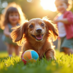 Petit chien teckel jouant dans le jardin ensoleille avec des enfants