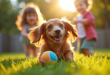 Petit chien teckel jouant dans le jardin ensoleille avec des enfants