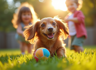 Petit chien teckel jouant dans le jardin ensoleille avec des enfants