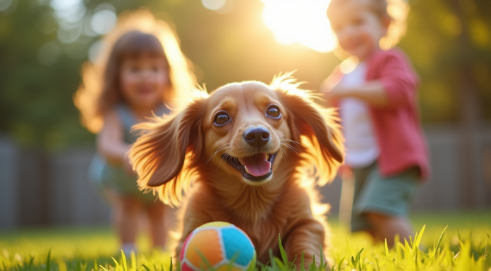 Petit chien teckel jouant dans le jardin ensoleille avec des enfants