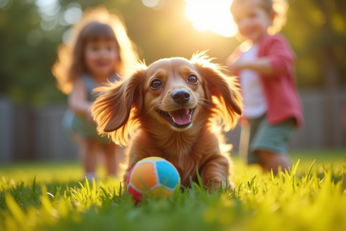dachshund-enfants-jardin Petit chien teckel jouant dans le jardin ensoleille avec des enfants