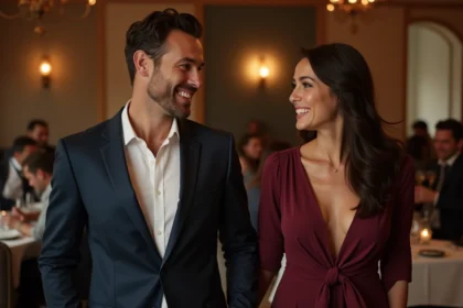 Homme souriant en costume bleu et femme en robe bordeaux lors d'un dîner