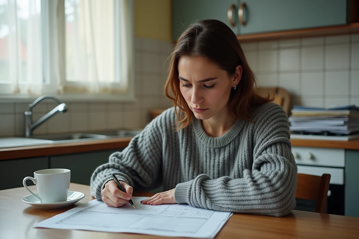 Femme remplissant un dossier de demande d'aide au logement à son domicile