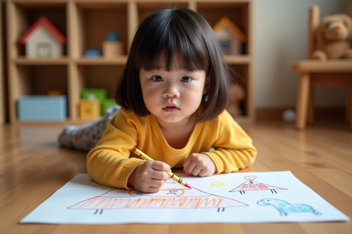 Petite fille de 4 ans allongée sur le parquet en train de dessiner au crayon de cire sur une grande feuille blanche