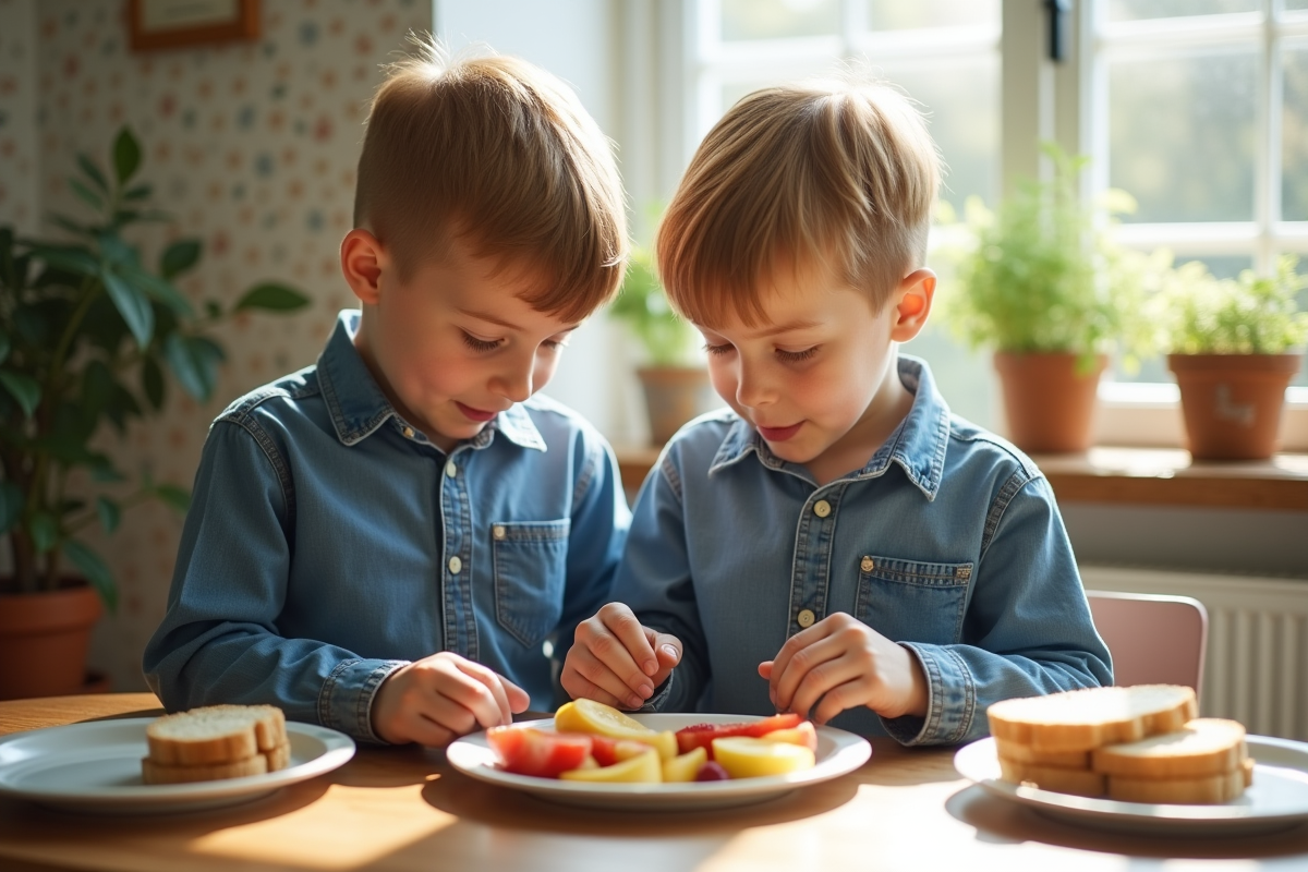 Deux garçons de 7 et 9 ans organisent un repas familial