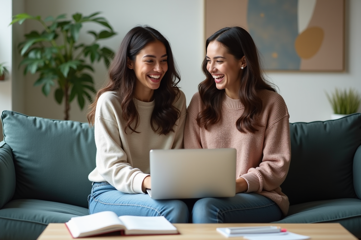 Deux jeunes femmes riant en travaillant ensemble sur un sofa