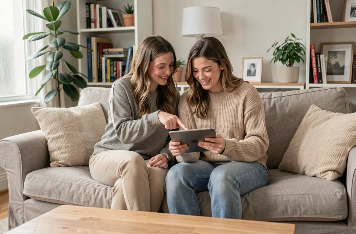 Deux mamans partageant leurs avis sur Aupremierplan.fr ensemble dans un salon confortable