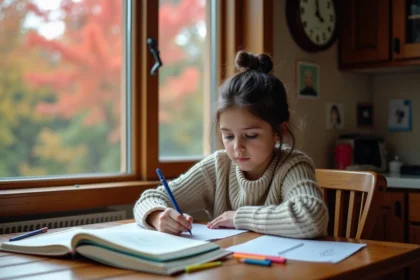 Adolescente faisant ses devoirs français à une table en bois dans une maison canadienne avec vue sur un jardin en automne