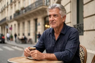 Portrait d'un homme d'une soixantaine d'années aux cheveux grisonnants attablé en terrasse d'un café parisien, illustrant la vie privée du père d'Adèle Exarchopoulos