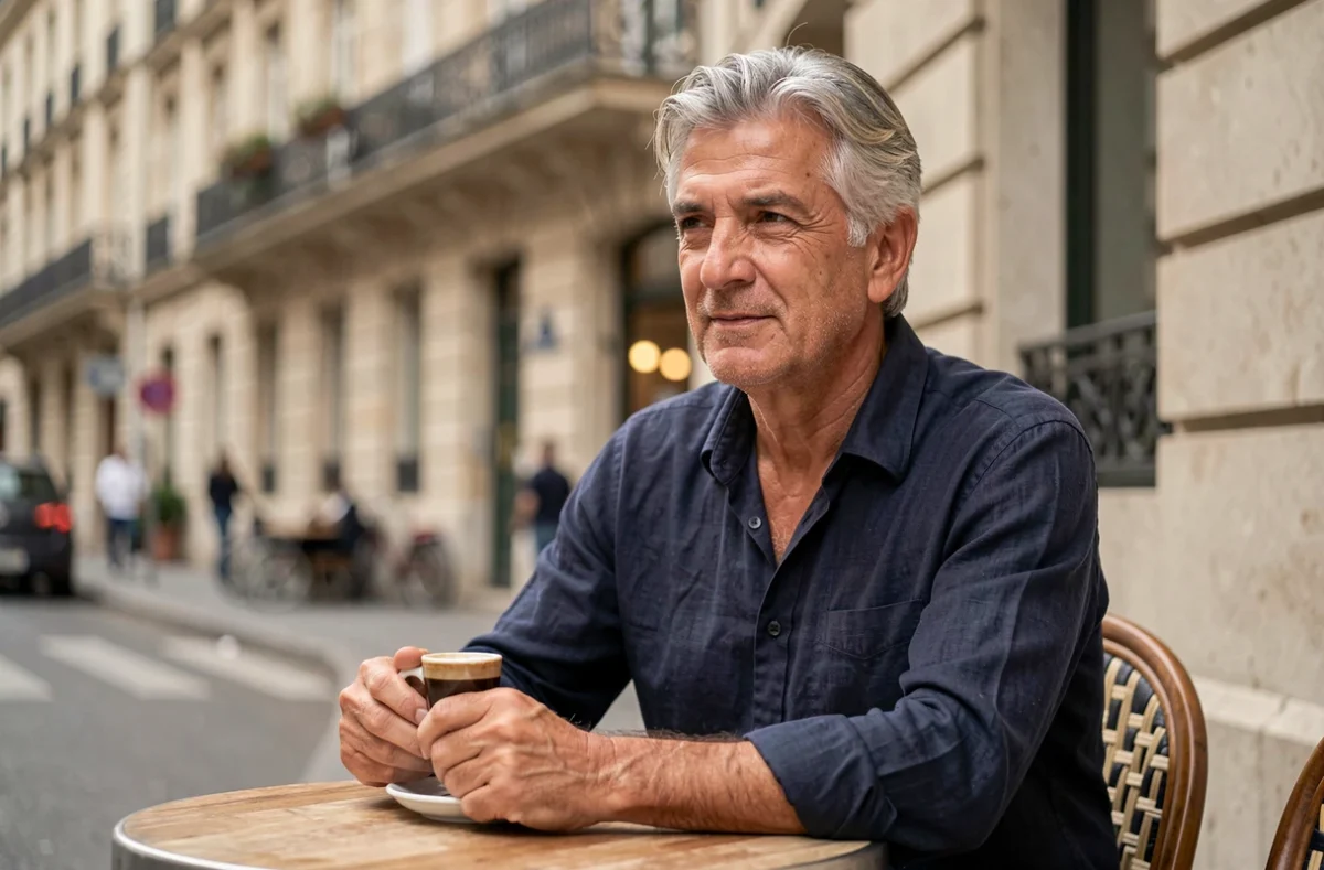 Portrait d'un homme d'une soixantaine d'années aux cheveux grisonnants attablé en terrasse d'un café parisien, illustrant la vie privée du père d'Adèle Exarchopoulos