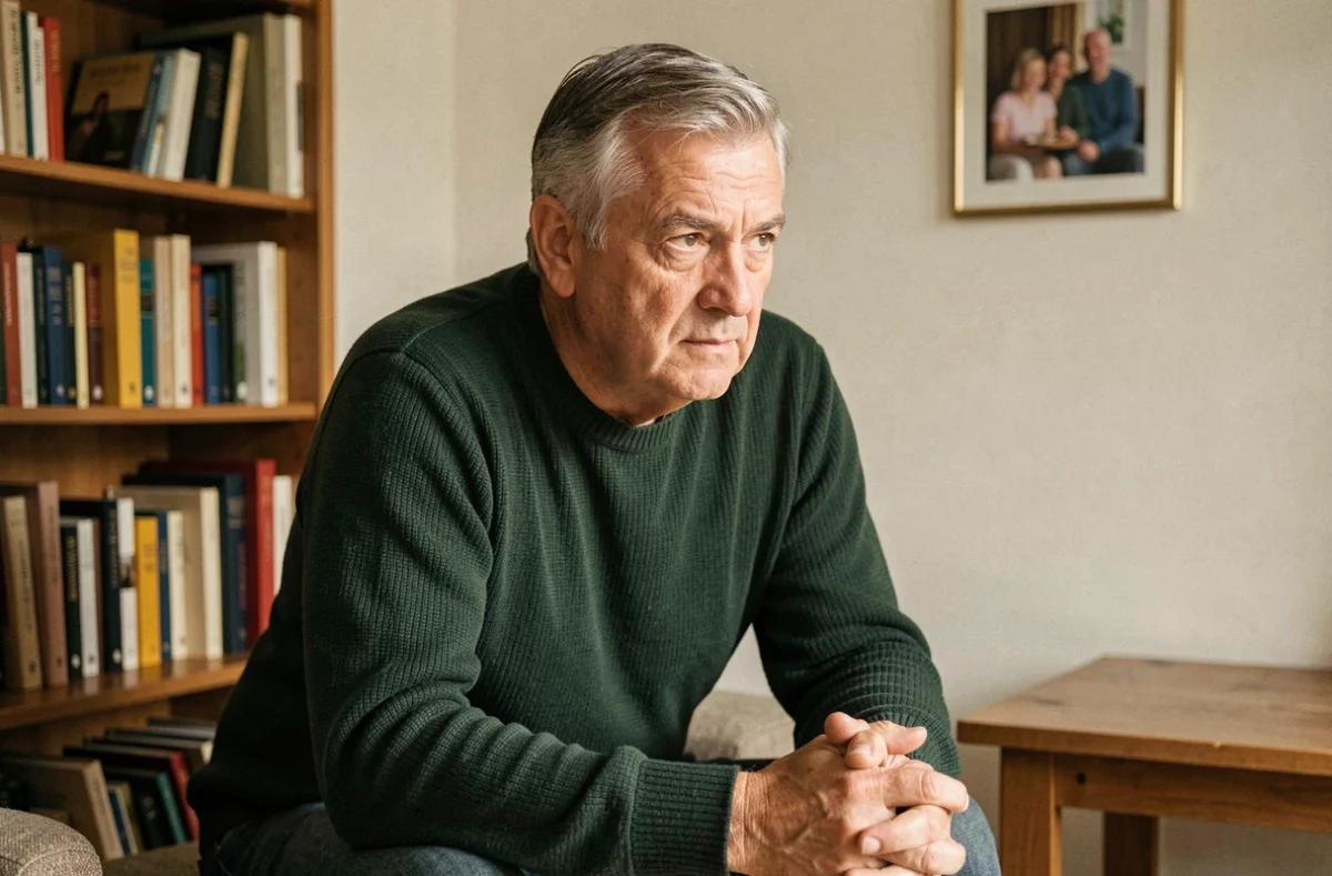 Portrait intime d'un homme d'une soixantaine d'années assis dans un salon chaleureux entouré de livres, illustrant la vie privée et familiale du père d'Adèle Exarchopoulos