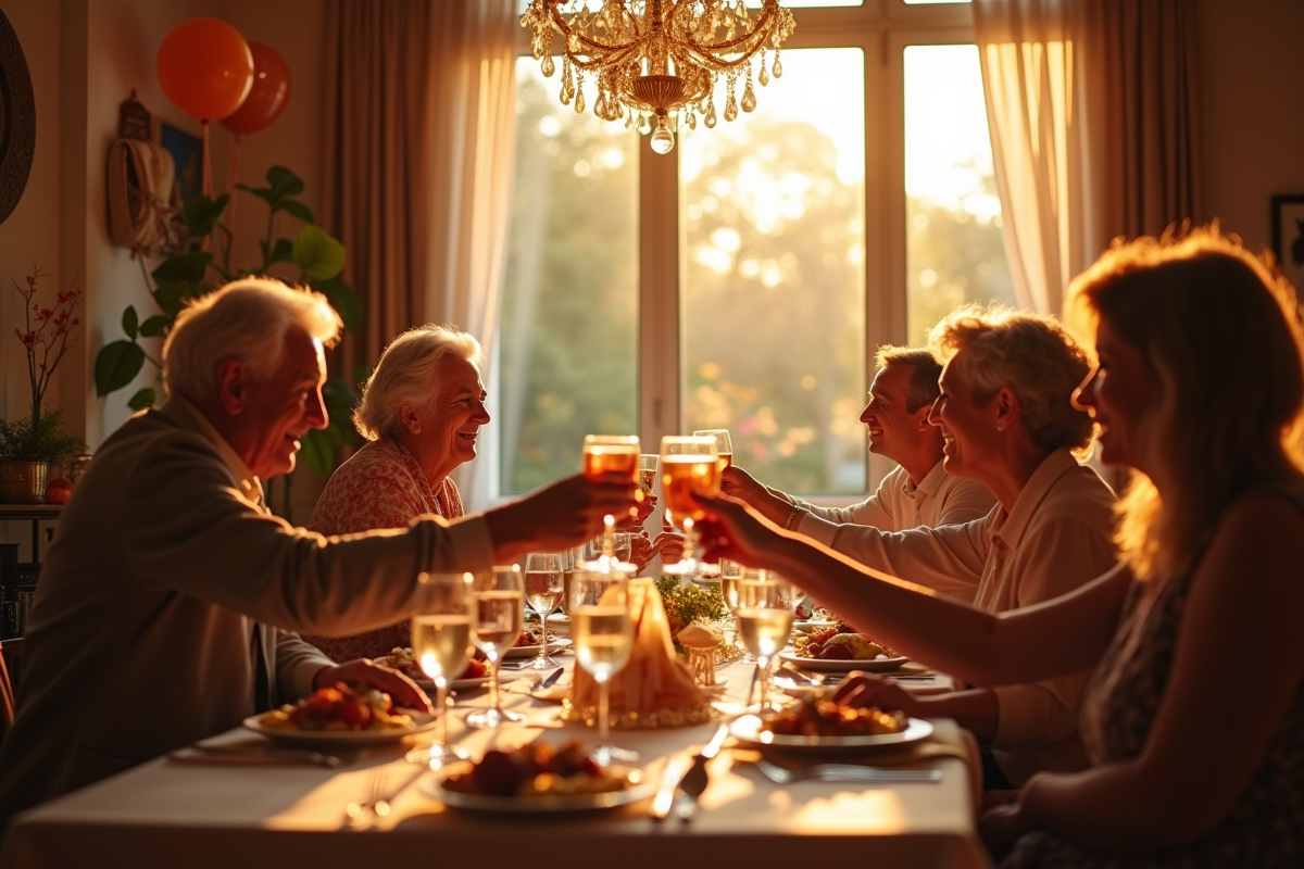 Diner elegant en famille avec couple agee et toast en interieur