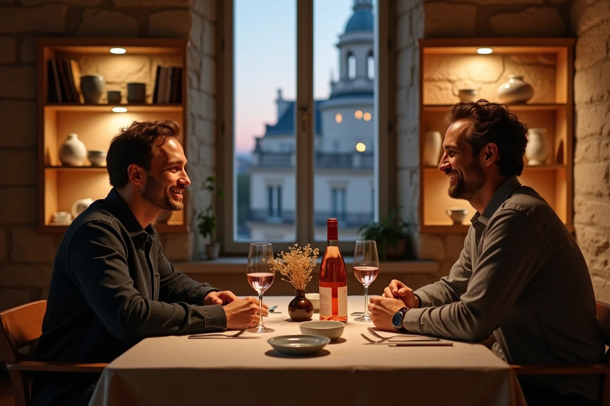 Deux hommes dînant ensemble dans un appartement parisien chaleureux, scène de vie intime illustrant la relation personnelle de Jarry