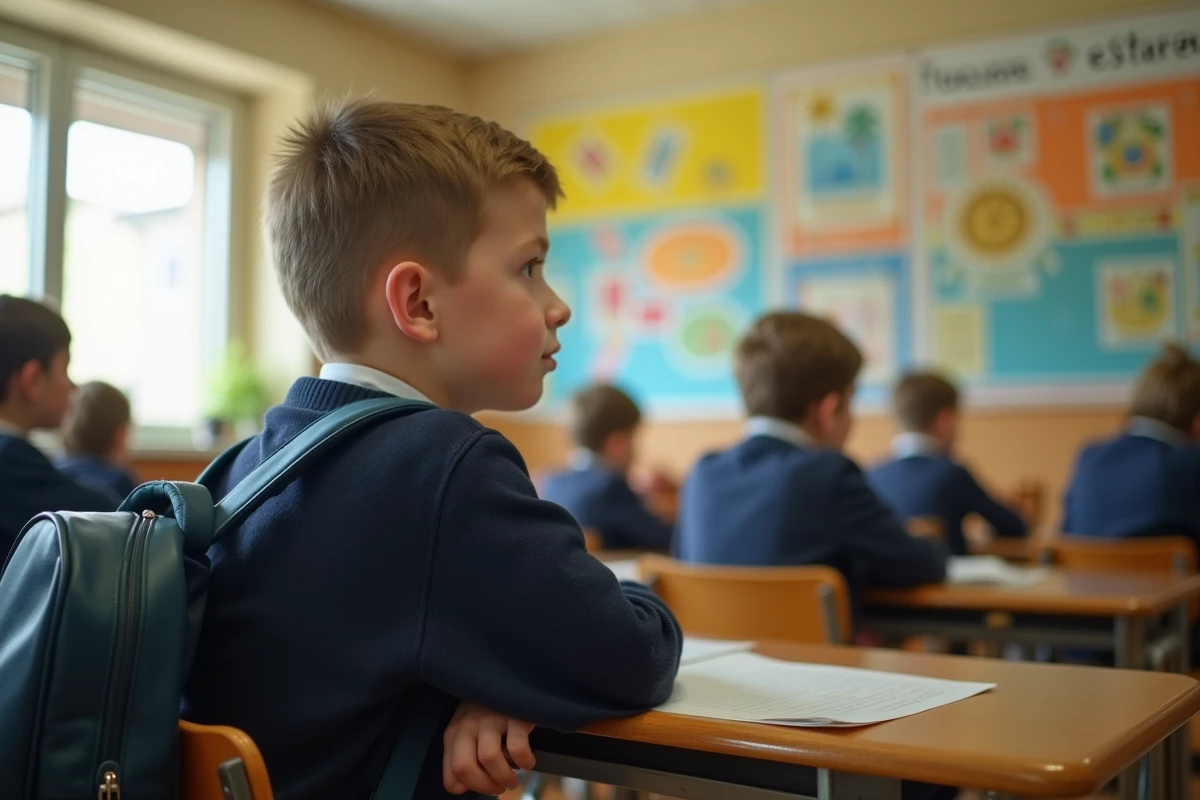 Élève en classe ULIS assis seul à son bureau regardant par la fenêtre pendant que ses camarades interagissent, illustrant le sentiment d'isolement social parfois ressenti en dispositif ULIS