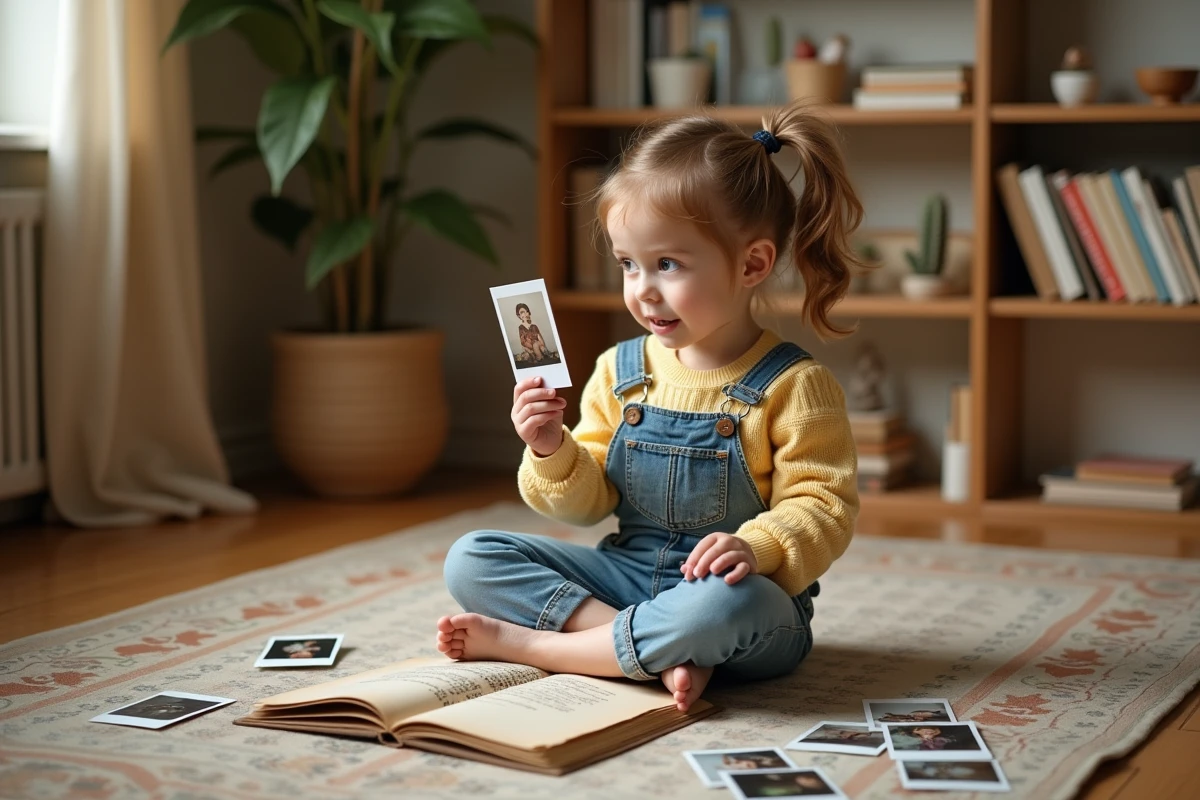 Petite fille en salopette assise sur un parquet entourée de photos polaroid et dessins, feuilletant un album de souvenirs d'enfance